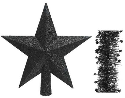 Decoris Kerstversiering kunststof glitter ster piek 19 cm en sterren folieslingers pakket zwart van 3x stuks