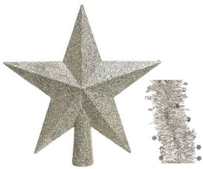 Decoris Kerstversiering kunststof glitter ster piek 19 cm en sterren slingers pakket champagne van 3x stuks