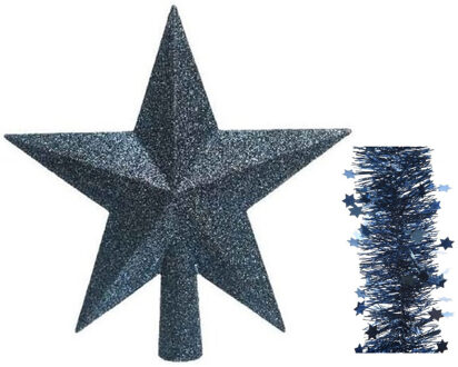 Decoris Kerstversiering kunststof glitter ster piek 19 cm en sterren slingers pakket donkerblauw 3x stuks