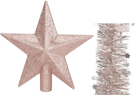 Decoris Kerstversiering kunststof glitter ster piek 19 cm en sterren slingers pakket lichtroze van 3x stuks