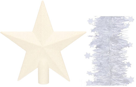 Decoris Kerstversiering kunststof glitter ster piek 19 cm en sterren slingers pakket winter wit van 3x stuks