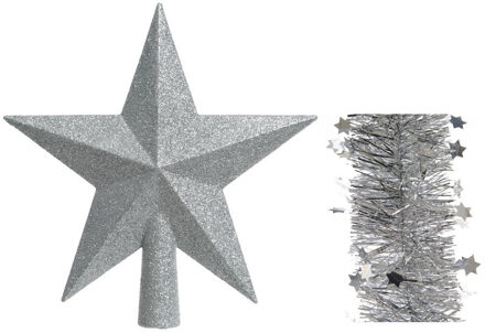 Decoris Kerstversiering kunststof glitter ster piek 19 cm en sterren slingers pakket zilver van 3x stuks - kerstboompieken Zilverkleurig