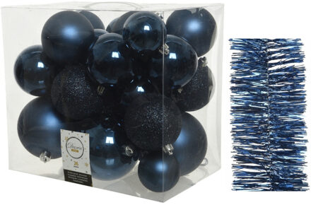 Decoris Kerstversiering kunststof kerstballen 6-8-10 cm met folieslingers pakket donkerblauw van 28x stuks - Kerstbal