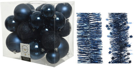 Decoris Kerstversiering kunststof kerstballen 6-8-10 cm met folieslingers pakket donkerblauw van 28x stuks - Kerstbal