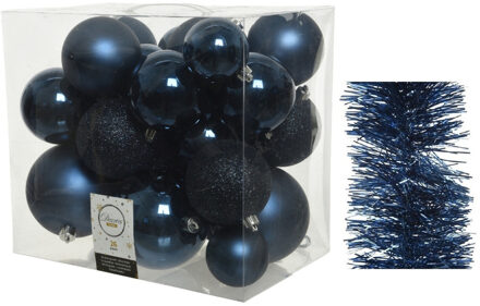 Decoris Kerstversiering kunststof kerstballen 6-8-10 cm met folieslingers pakket donkerblauw van 28x stuks - Kerstbal