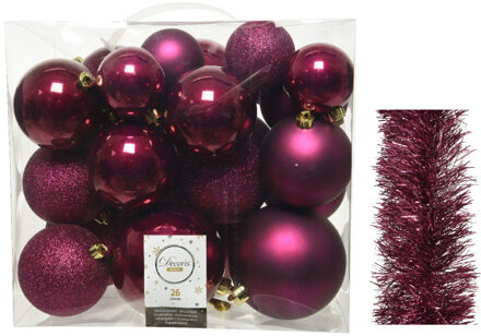 Decoris Kerstversiering kunststof kerstballen 6-8-10 cm met folieslingers pakket framboos roze van 28x stuks - Kerstbal