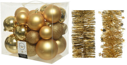 Decoris Kerstversiering kunststof kerstballen 6-8-10 cm met folieslingers pakket goud van 28x stuks - Kerstbal Goudkleurig