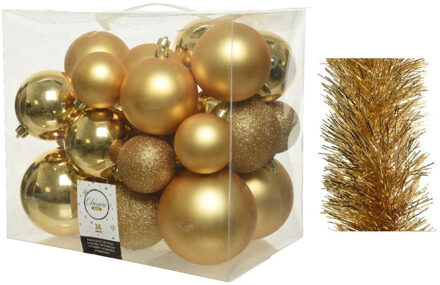 Decoris Kerstversiering kunststof kerstballen 6-8-10 cm met folieslingers pakket goud van 28x stuks - Kerstbal Goudkleurig