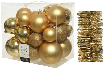 Decoris Kerstversiering kunststof kerstballen 6-8-10 cm met folieslingers pakket goud van 28x stuks