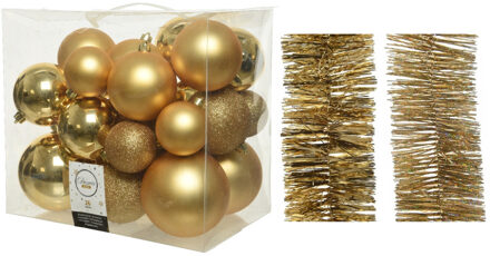 Decoris Kerstversiering kunststof kerstballen 6-8-10 cm met folieslingers pakket goud van 28x stuks
