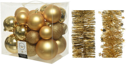 Decoris Kerstversiering kunststof kerstballen 6-8-10 cm met folieslingers pakket goud van 28x stuks