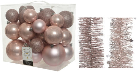 Decoris Kerstversiering kunststof kerstballen 6-8-10 cm met folieslingers pakket lichtroze van 28x stuks - Kerstbal