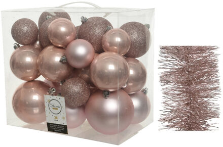 Decoris Kerstversiering kunststof kerstballen 6-8-10 cm met folieslingers pakket lichtroze van 28x stuks - Kerstbal