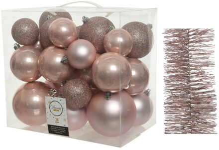 Decoris Kerstversiering kunststof kerstballen 6-8-10 cm met folieslingers pakket lichtroze van 28x stuks