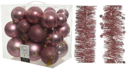 Decoris Kerstversiering kunststof kerstballen 6-8-10 cm met folieslingers pakket oud roze van 28x stuks - Kerstbal