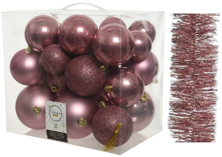 Decoris Kerstversiering kunststof kerstballen 6-8-10 cm met folieslingers pakket oud roze van 28x stuks