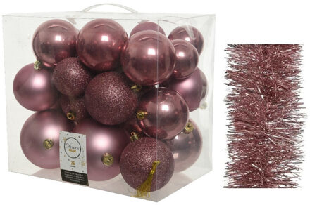Decoris Kerstversiering kunststof kerstballen 6-8-10 cm met folieslingers pakket oud roze van 28x stuks