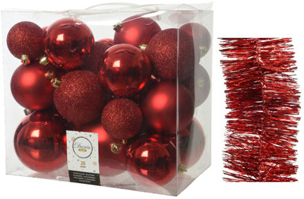 Decoris Kerstversiering kunststof kerstballen 6-8-10 cm met folieslingers pakket rood van 28x stuks - Kerstbal