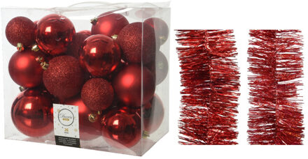 Decoris Kerstversiering kunststof kerstballen 6-8-10 cm met folieslingers pakket rood van 28x stuks - Kerstbal