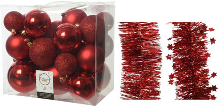 Decoris Kerstversiering kunststof kerstballen 6-8-10 cm met folieslingers pakket rood van 28x stuks - Kerstbal