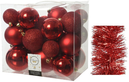 Decoris Kerstversiering kunststof kerstballen 6-8-10 cm met folieslingers pakket rood van 28x stuks - Kerstbal