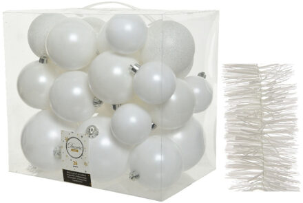 Decoris Kerstversiering kunststof kerstballen 6-8-10 cm met folieslingers pakket winter wit van 28x stuks