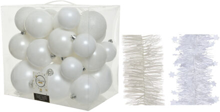 Decoris Kerstversiering kunststof kerstballen 6-8-10 cm met folieslingers pakket winter wit van 28x stuks