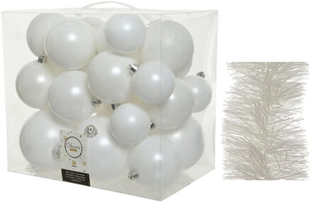 Decoris Kerstversiering kunststof kerstballen 6-8-10 cm met folieslingers pakket winter wit van 28x stuks