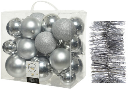 Decoris Kerstversiering kunststof kerstballen 6-8-10 cm met folieslingers pakket zilver van 28x stuks