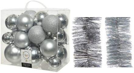 Decoris Kerstversiering kunststof kerstballen 6-8-10 cm met folieslingers pakket zilver van 28x stuks