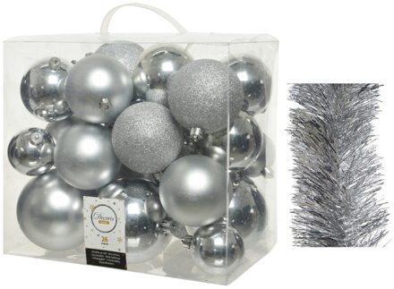 Decoris Kerstversiering kunststof kerstballen 6-8-10 cm met folieslingers pakket zilver van 28x stuks