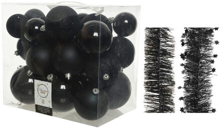 Decoris Kerstversiering kunststof kerstballen 6-8-10 cm met folieslingers pakket zwart van 28x stuks