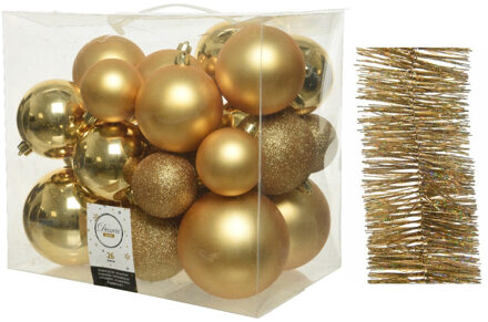 Decoris Kerstversiering kunststof kerstballen 6-8-10 cm met glitter folieslingers pakket goud van 28x stuks - Kerstbal Goudkleurig