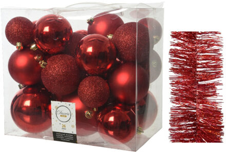 Decoris Kerstversiering kunststof kerstballen 6-8-10 cm met glitter folieslingers pakket rood van 28x stuks