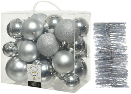 Decoris Kerstversiering kunststof kerstballen 6-8-10 cm met glitter slingers pakket zilver van 28x stuks