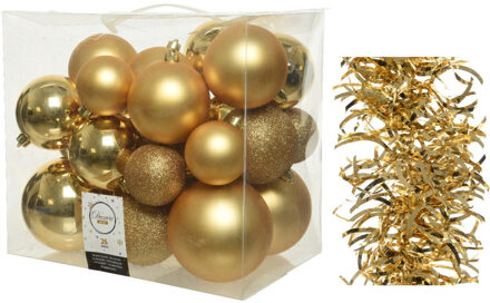Decoris Kerstversiering kunststof kerstballen 6-8-10 cm met golf folieslingers pakket goud van 28x stuks