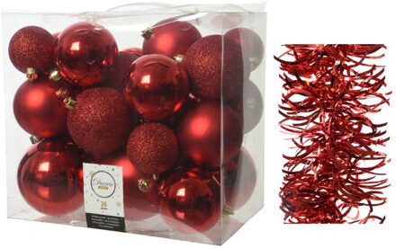 Decoris Kerstversiering kunststof kerstballen 6-8-10 cm met golf folieslingers pakket rood van 28x stuks - Kerstbal