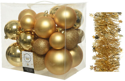 Decoris Kerstversiering kunststof kerstballen 6-8-10 cm met sterren folieslingers pakket goud van 28x stuks