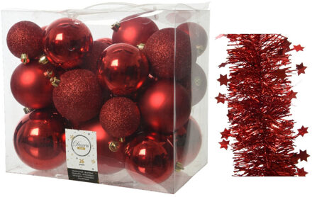 Decoris Kerstversiering kunststof kerstballen 6-8-10 cm met sterren folieslingers pakket rood van 28x stuks - Kerstbal