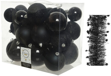 Decoris Kerstversiering kunststof kerstballen 6-8-10 cm met sterren folieslingers pakket zwart van 28x stuks