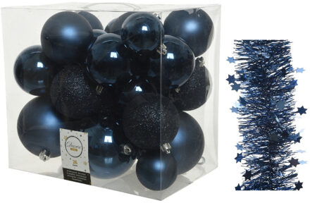 Decoris Kerstversiering kunststof kerstballen 6-8-10 cm met sterren slingers pakket donkerblauw 28x stuks