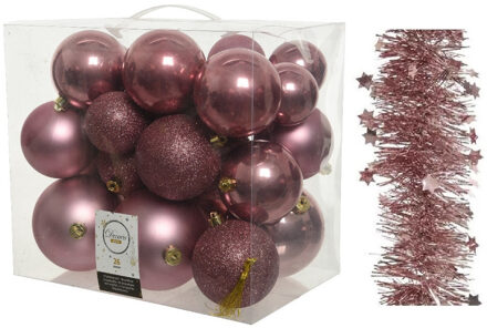 Decoris Kerstversiering kunststof kerstballen 6-8-10 cm met sterren slingers pakket oud roze van 28x stuks - Kerstbal