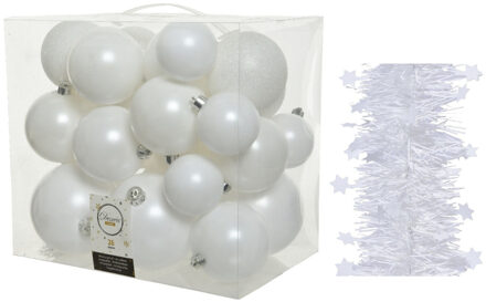 Decoris Kerstversiering kunststof kerstballen 6-8-10 cm met sterren slingers pakket winter wit van 28x stuks
