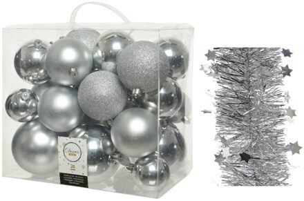 Decoris Kerstversiering kunststof kerstballen 6-8-10 cm met sterren slingers pakket zilver van 28x stuks
