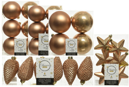 Decoris Kerstversiering kunststof kerstballen camel bruin 6-8-10 cm pakket van 62x stuks - Kerstbal