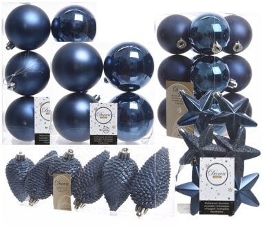 Decoris Kerstversiering kunststof kerstballen donkerblauw 6-8-10 cm pakket van 62x stuks - Kerstbal