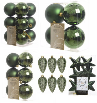 Decoris Kerstversiering kunststof kerstballen donkergroen 6-8-10 cm pakket van 68x stuks - Kerstbal