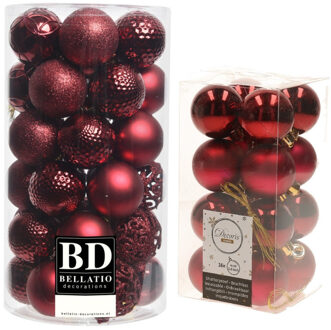 Decoris Kerstversiering kunststof kerstballen donkerrood 4-6 cm pakket van 53x stuks