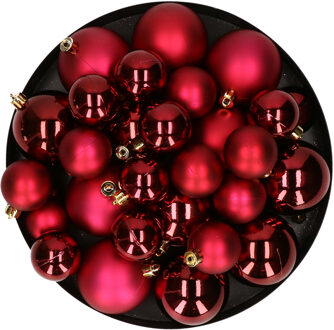 Decoris Kerstversiering kunststof kerstballen donkerrood 6-8-10 cm pakket van 22x stuks - Kerstbal