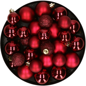 Decoris Kerstversiering kunststof kerstballen donkerrood 6-8-10 cm pakket van 46x stuks